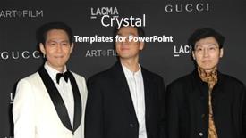  Presentation with annual gala - Slide deck consisting of lee-jung-jae-park-hae background and a dark gray colored foreground