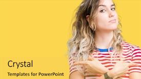  Presentation with over the counter - Amazing presentation design having left overs - beautiful young blonde woman backdrop and a  colored foreground