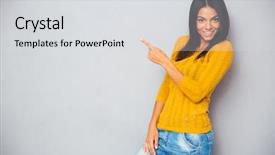  Presentation with weight loss woman showing - Cool new slide set with left overs - happy casual woman showing finger backdrop and a light gray colored foreground