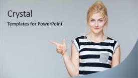  Presentation with happy smiling woman dental health - Theme with left overs - smiling attractive young woman pointing background and a light gray colored foreground