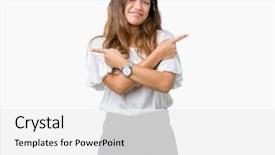  Presentation with direction - PPT theme featuring left overs - young beautiful brunette business woman background and a  colored foreground