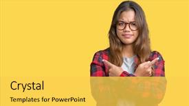  Presentation with direction - Presentation consisting of left overs - young beautiful brunette woman wearing background and a  colored foreground