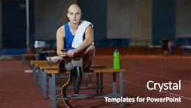  Presentation with man sitting bench - PPT theme featuring leg amputation - disable young man in activewear background and a tawny brown colored foreground