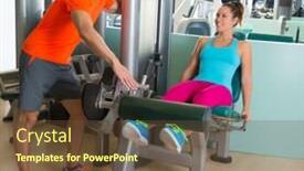  Presentation with exercise trainer - Cool new presentation theme with leg extension exercise woman at gym indoor workout with personal trainer blond man backdrop and a tawny brown colored foreground