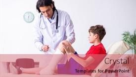  Presentation with robotic leg - Slide deck having leg injured boy visiting young doctor traumatologist background and a coral colored foreground
