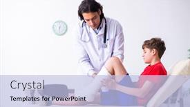  Presentation with doctor visiting family a new born - Cool new slide deck with leg injured boy visiting young doctor traumatologist backdrop and a light blue colored foreground