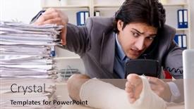  Presentation with employee - PPT theme having leg-injured-employee-working background and a  colored foreground