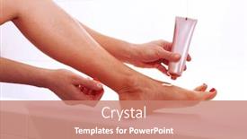  Presentation with foot treatment - Presentation theme consisting of leg of woman applying foot cream healthy treatment background and a coral colored foreground