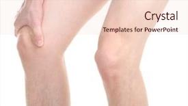  Presentation with knee - Slides enhanced with leg pain - man holding sore knee isolated background and a  colored foreground