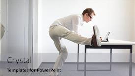  Presentation with stretching - Slides consisting of leg-stretching-during-office-work background and a light gray colored foreground