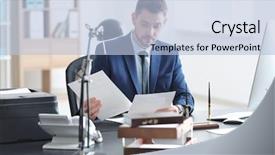  Presentation with notary - Slide deck with legal andsocial justice - young male notary working background and a  colored foreground