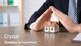  Presentation with home office - PPT theme having legal liability - man in office wear protecting background and a coral colored foreground