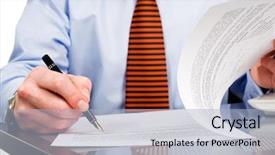  Presentation with contract - Audience pleasing theme consisting of legal paper - businessman signing contract with pen backdrop and a  colored foreground