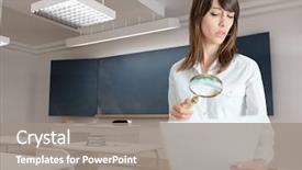  Presentation with magnifying glass - Slides with legal paperwork - young woman examining a paper background and a gray colored foreground