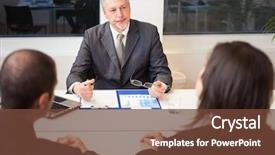  Presentation with legal - Audience pleasing PPT layouts consisting of legal reports - businessman talking to a couple backdrop and a tawny brown colored foreground