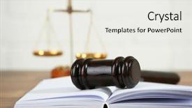  Presentation with law - Slide deck with legal scales - wooden judges gavel lying background and a white colored foreground