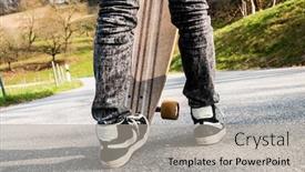  Presentation with sneakers - Presentation with legs and sneakers of a young boy and an edgewise longboard background and a light gray colored foreground