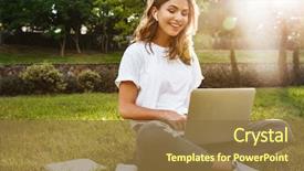  Presentation with laptop wireless - Presentation having legs crossed during summer background and a tawny brown colored foreground