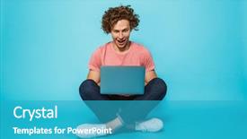  Presentation with curly hair - Theme with legs crossed isolated over blue background and a teal colored foreground