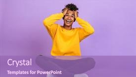  Presentation with african violet - Slide deck with legs crossed isolated over violet background and a coral colored foreground