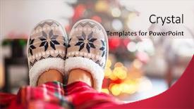  Presentation with merry chrismas - PPT theme with merry chrismas - legs in slippers on christmas background and a soft green colored foreground