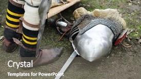  Presentation with medieval - Beautiful PPT theme featuring metal medieval helmet on ground backdrop and a gray colored foreground