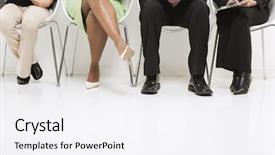  Presentation with multi ethnic group - Colorful PPT theme enhanced with legs of multi-ethnic business group of men and women sitting with laptop and papers backdrop and a sky blue colored foreground