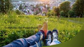  Presentation with traveler - Presentation design consisting of legs-of-traveler-couple-sitting background and a  colored foreground