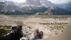  Presentation with mountain top - Slide deck featuring legs-of-traveler-couple-sitting and a mint green colored foreground