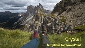  Presentation with mountain top - Slides consisting of legs-of-traveler-couple-sitting background and a tawny brown colored foreground