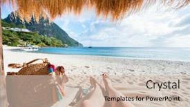  Presentation with tropical - Colorful presentation design enhanced with legs relaxing at tropical sandy backdrop and a  colored foreground