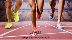  Presentation with running race - Cool new PPT theme with legs running against race track backdrop and a coral colored foreground