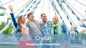  Presentation with amusement ferris wheel - PPT layouts with leisture amusement park and friendship concept - group of smiling friends waving hands with ferris wheel on the back background and a teal colored foreground
