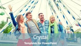  Presentation with amusement ferris wheel - Slide deck consisting of leisture amusement park and friendship concept - group of smiling friends waving hands with ferris wheel on the back background and a teal colored foreground