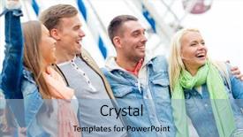  Presentation with amusement ferris wheel - Theme with leisure amusement park and friendship concept - group of smiling friends ferris wheel on the back background and a light blue colored foreground