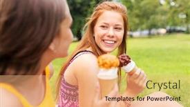  Presentation with friendship - Audience pleasing slides consisting of leisure and friendship concept - happy smiling teenage girls or friends eating ice cream at picnic in summer park backdrop and a coral colored foreground