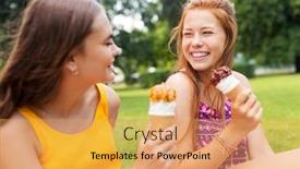  Presentation with picnic - Colorful presentation enhanced with leisure and friendship concept - happy smiling teenage girls or friends eating ice cream at picnic in summer park backdrop and a yellow colored foreground