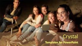 Presentation with camp - Slide deck consisting of leisure and people concept - group of smiling friends sitting at camp fire taking selfie by smartphone on beach at night background and a tawny brown colored foreground