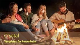  Presentation with camp - Cool new theme with leisure and people concept - group of smiling friends sitting at camp fire on beach roasting marshmallow and playing guitar at night backdrop and a tawny brown colored foreground
