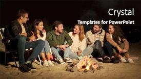  Presentation with camp - Colorful presentation design enhanced with leisure and people concept - group of smiling friends sitting at camp fire on beach at night backdrop and a wine colored foreground