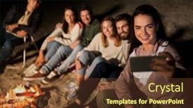  Presentation with camp - Slide deck featuring leisure and people concept - group of smiling friends sitting at camp fire taking selfie by smartphone on beach at night background and a tawny brown colored foreground