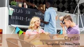  Presentation with food truck - PPT theme featuring leisure and people concept - happy couple photographing by camera at food truck background and a coral colored foreground