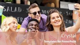  Presentation with food truck - Slide deck enhanced with leisure and people concept - happy young friends with food and non alcoholic drinks and taking selfie at food truck background and a coral colored foreground