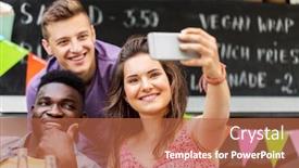  Presentation with food truck - Slides having leisure and people concept - happy young friends taking selfie at food truck background and a red colored foreground