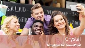  Presentation with food truck - Cool new PPT layouts with leisure and people concept - happy young friends with food and non alcoholic drinks and taking selfie at food truck backdrop and a coral colored foreground