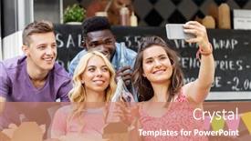  Presentation with food truck - Slide deck featuring leisure and people concept - happy young friends with food and non alcoholic drinks and taking selfie at food truck background and a coral colored foreground
