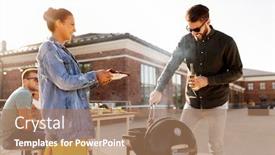  Presentation with bbq - Audience pleasing slide set consisting of leisure and people concept - happy man with beer cooking meat on bbq and friends at rooftop party backdrop and a coral colored foreground