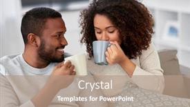  Presentation with tea coffee - Colorful slide set enhanced with leisure and people concept - happy african american couple drinking coffee or tea at home backdrop and a coral colored foreground