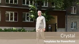  Presentation with city people walking - Slide deck consisting of leisure and people concept - senior man walking along summer city street background and a coral colored foreground