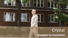 Presentation with city people walking - PPT theme having leisure and people concept - senior man walking along summer city street background and a coral colored foreground